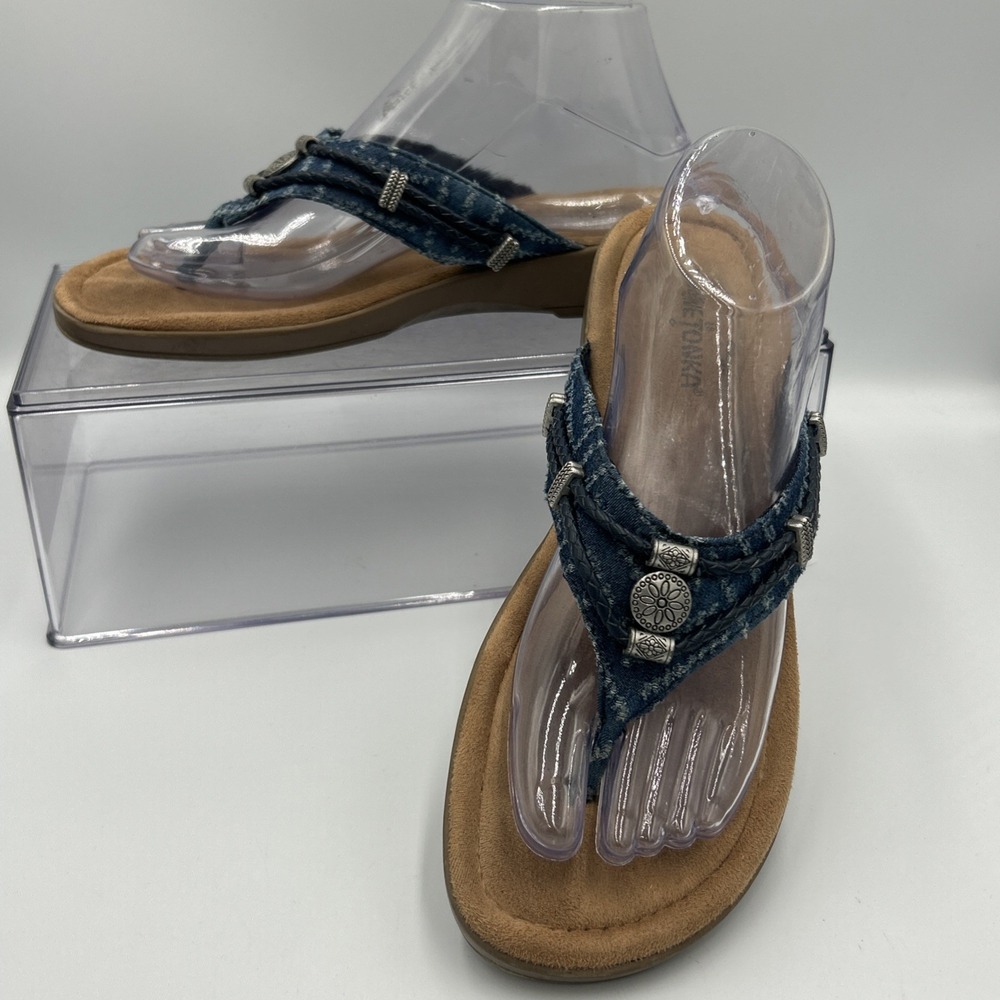 Minnetonka Blue Denim Concho Thong Flip Flop‎ Sandals Womens 10 Braided Boho